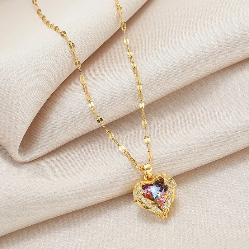 Luxury Zircon Crystal Heart Of Ocean Pendant Stainless Steel Necklace