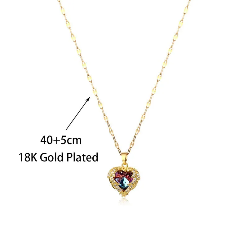 Luxury Zircon Crystal Heart Of Ocean Pendant Stainless Steel Necklace