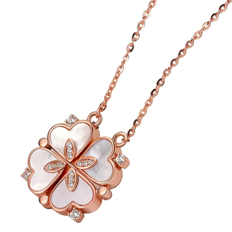 Magnetic Folding Heart Shaped Four Leaf Clover Pendant Necklace