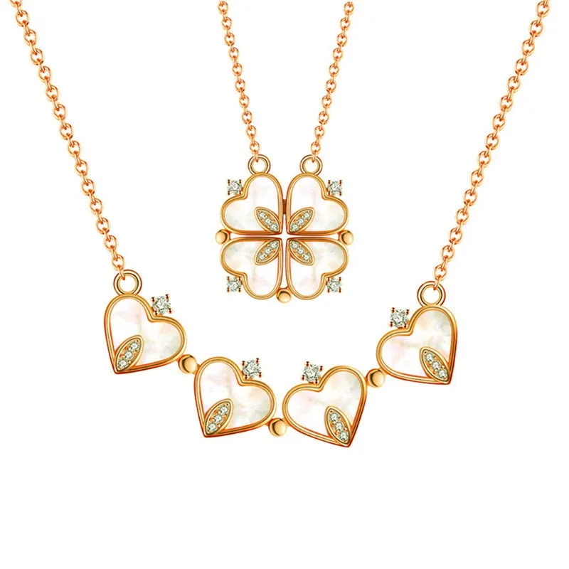 Magnetic Folding Heart Shaped Four Leaf Clover Pendant Necklace