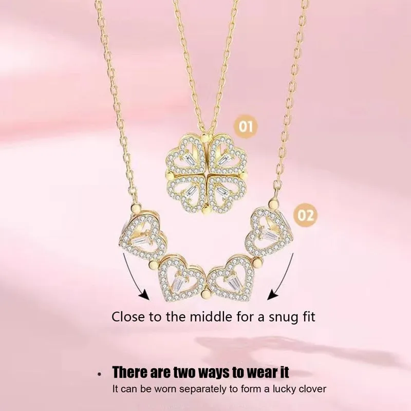 Magnetic Folding Heart Shaped Four Leaf Clover Pendant Necklace