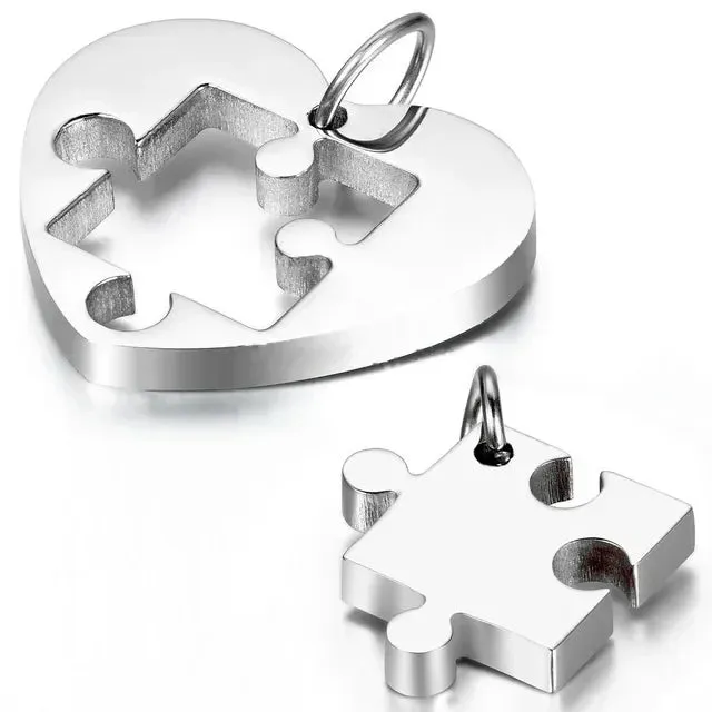 Men Women's 2 PCS Stainless Steel Pendant Necklace Jigsaw Puzzle Heart Love Couple Set