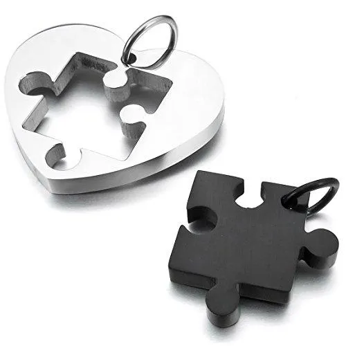 Men Women's 2 PCS Stainless Steel Pendant Necklace Jigsaw Puzzle Heart Love Couple Set