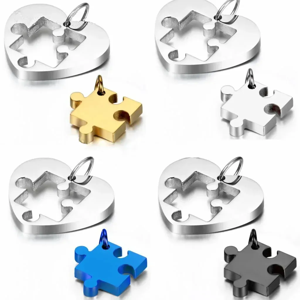 Men Women's 2 PCS Stainless Steel Pendant Necklace Jigsaw Puzzle Heart Love Couple Set