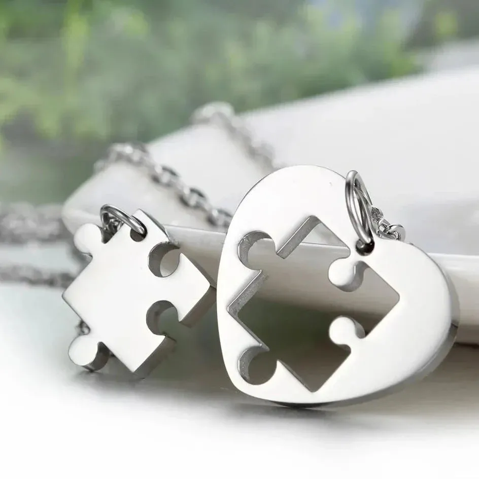 Men Women's 2 PCS Stainless Steel Pendant Necklace Jigsaw Puzzle Heart Love Couple Set