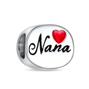 Nana Grandma Red Heart Charm Bead Sterling Silver for European Bracelet