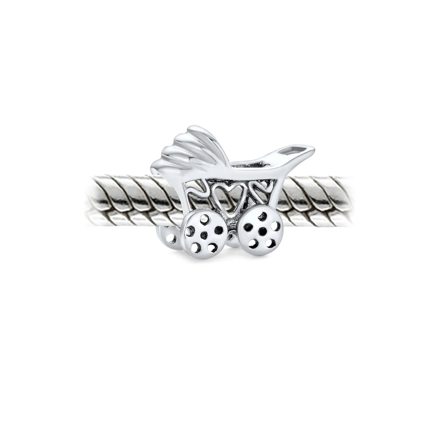 New Mom Carriage Stroller Charm Bead in Oxidized Sterling Silver for Bracelet