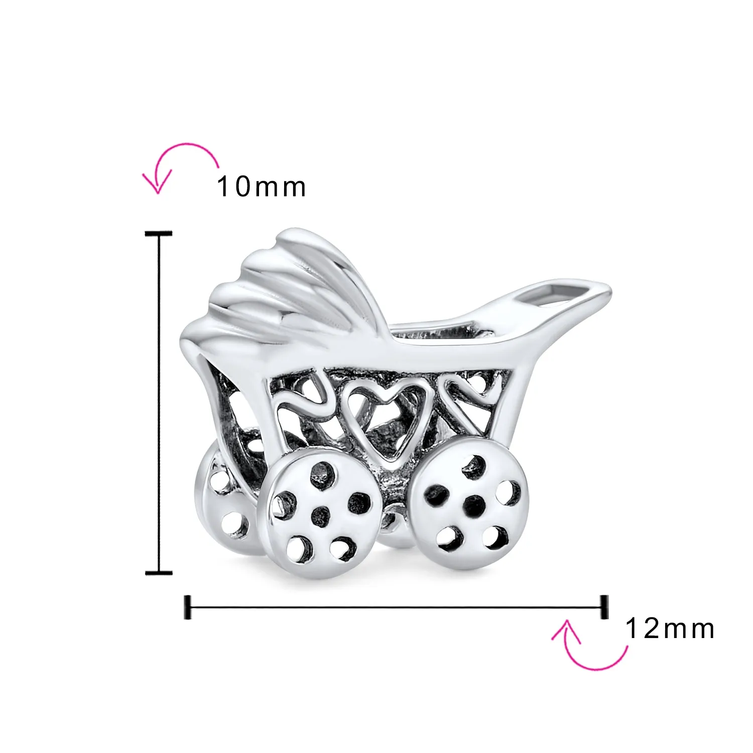 New Mom Carriage Stroller Charm Bead in Oxidized Sterling Silver for Bracelet