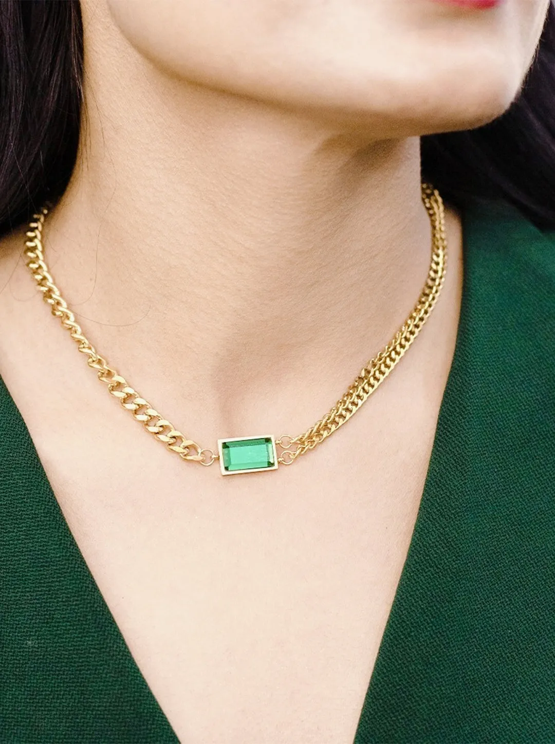 Ornaio 18 k Gold plated Green Color Square Pendant Necklace