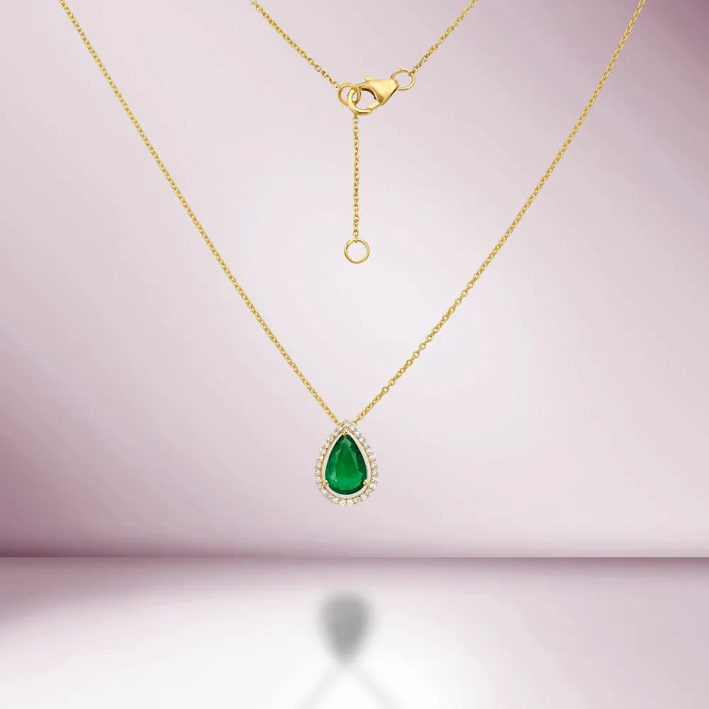 Pear Shape Emerald With Diamond Halo Necklace (2.90 ct.) in 14K Gold