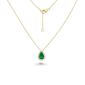 Pear Shape Emerald With Diamond Halo Necklace (2.90 ct.) in 14K Gold