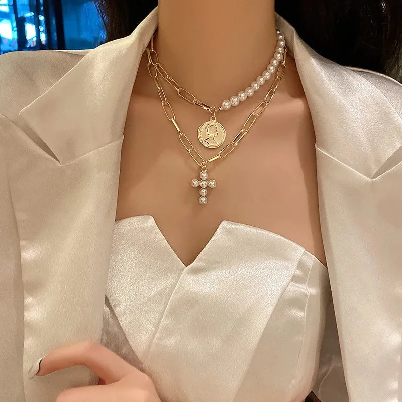 Pearl Cross Coins Statement Collar Femme Jewelry Simulated Necklace