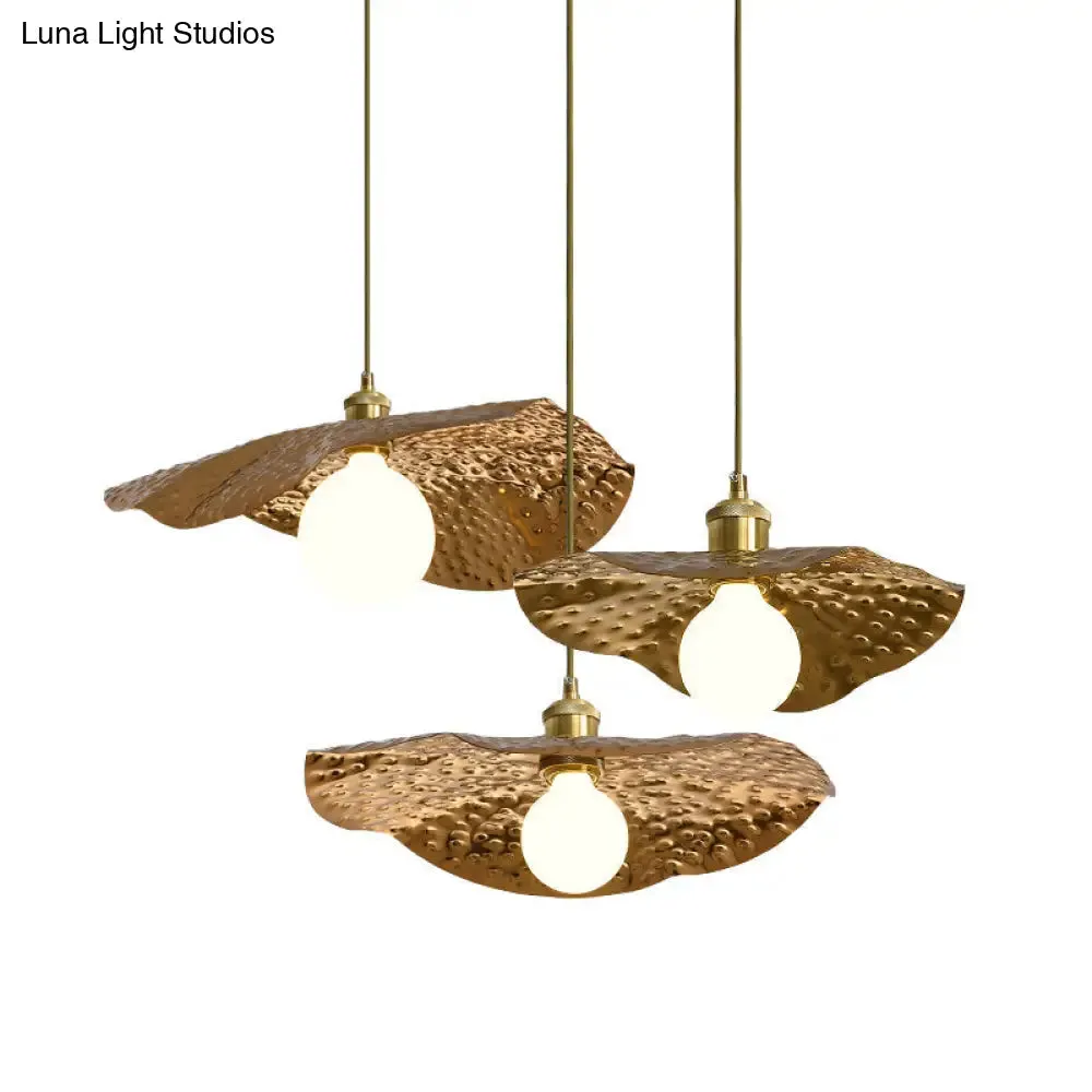 Postmodern 1-Light Brown Hammered Metal Lotus Leaf Pendant Ceiling Lamp