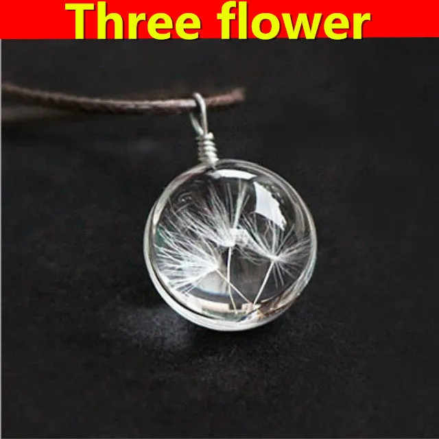 Real Dried Dandelion Pendant Necklace Glass Ball Plant flower Crystal feather Long Strip Leather rope Chain Gift Collier Femme