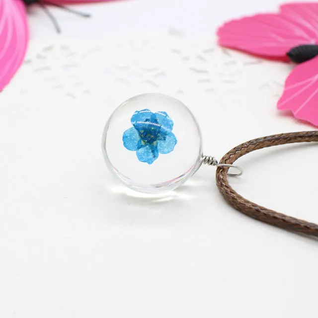 Real Dried Dandelion Pendant Necklace Glass Ball Plant flower Crystal feather Long Strip Leather rope Chain Gift Collier Femme