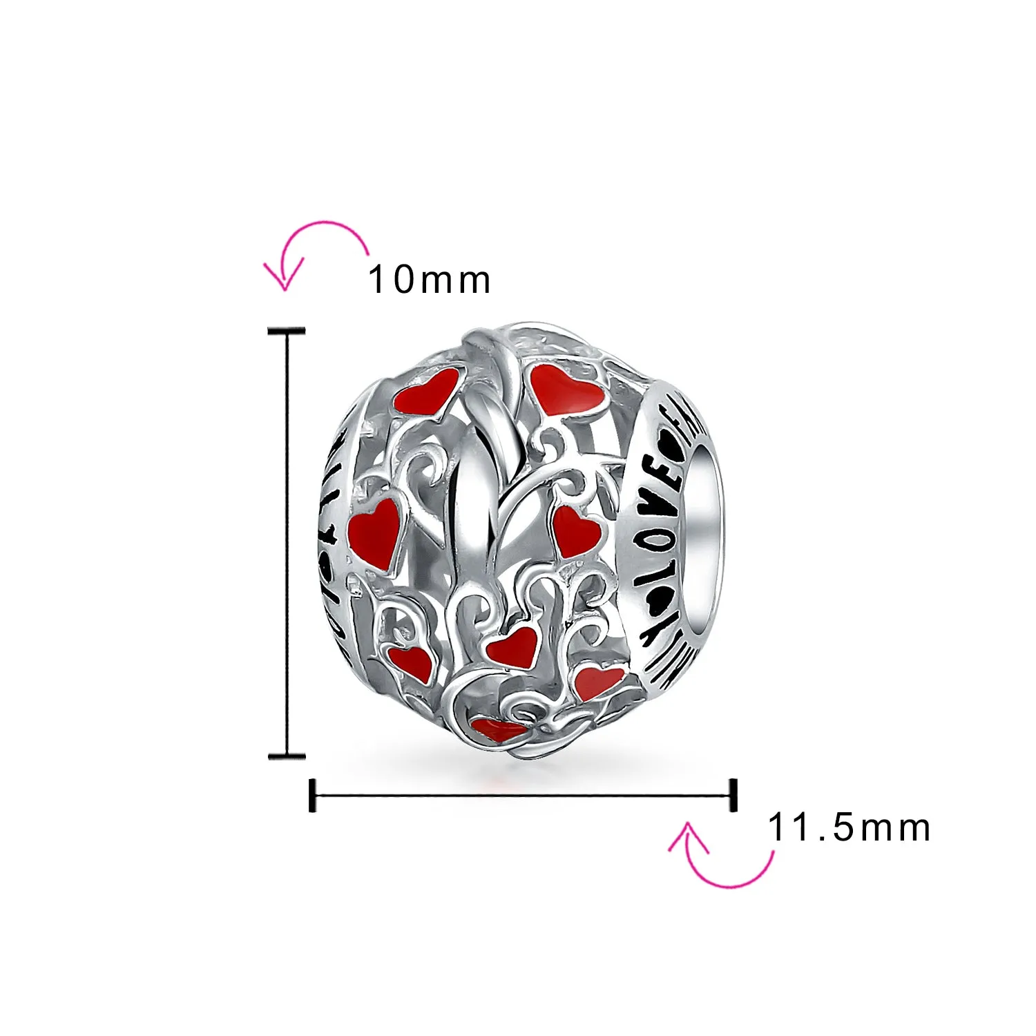 Red Silver 'I Love You' Heart Filigree Charm Bead for European Bracelets