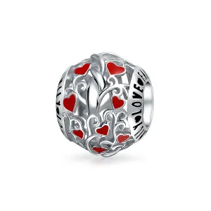 Red Silver 'I Love You' Heart Filigree Charm Bead for European Bracelets