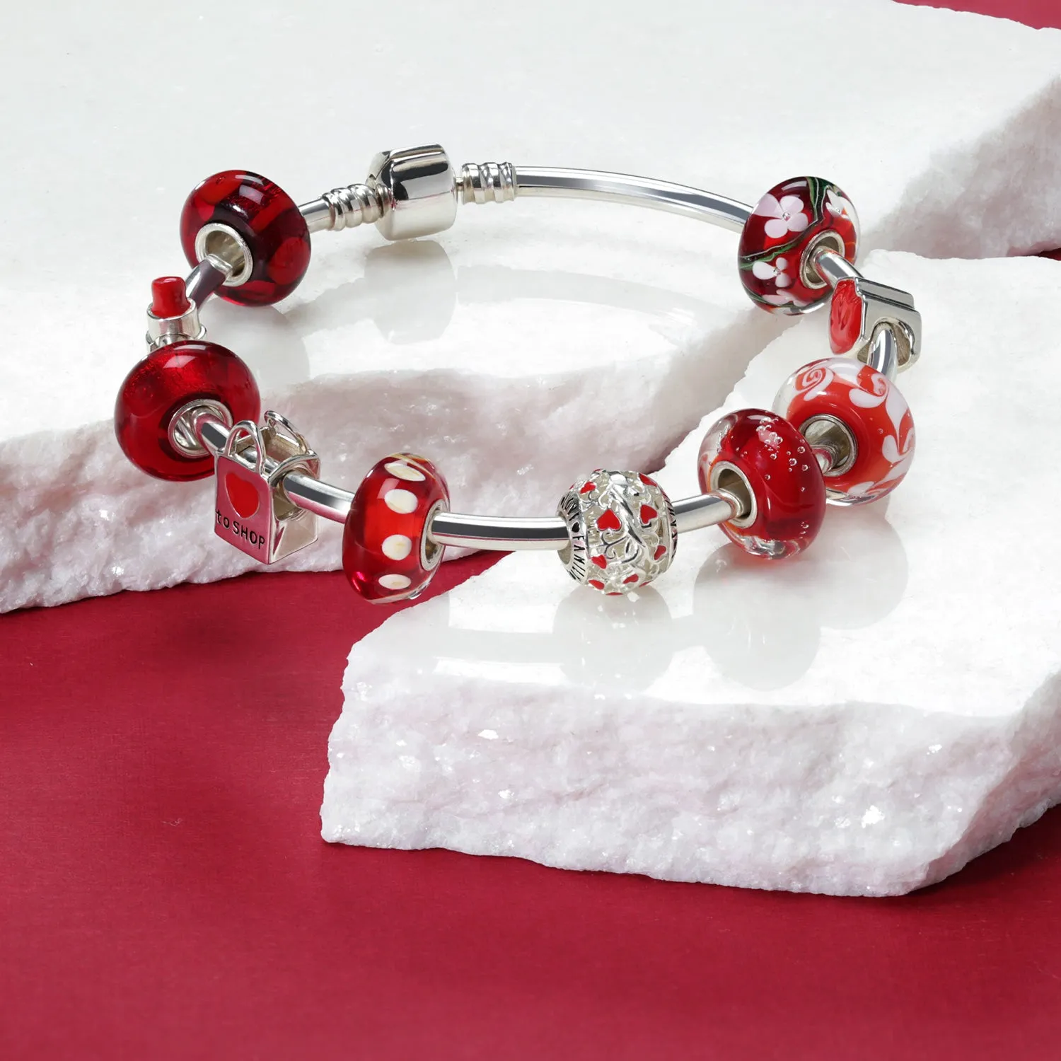 Red Silver 'I Love You' Heart Filigree Charm Bead for European Bracelets