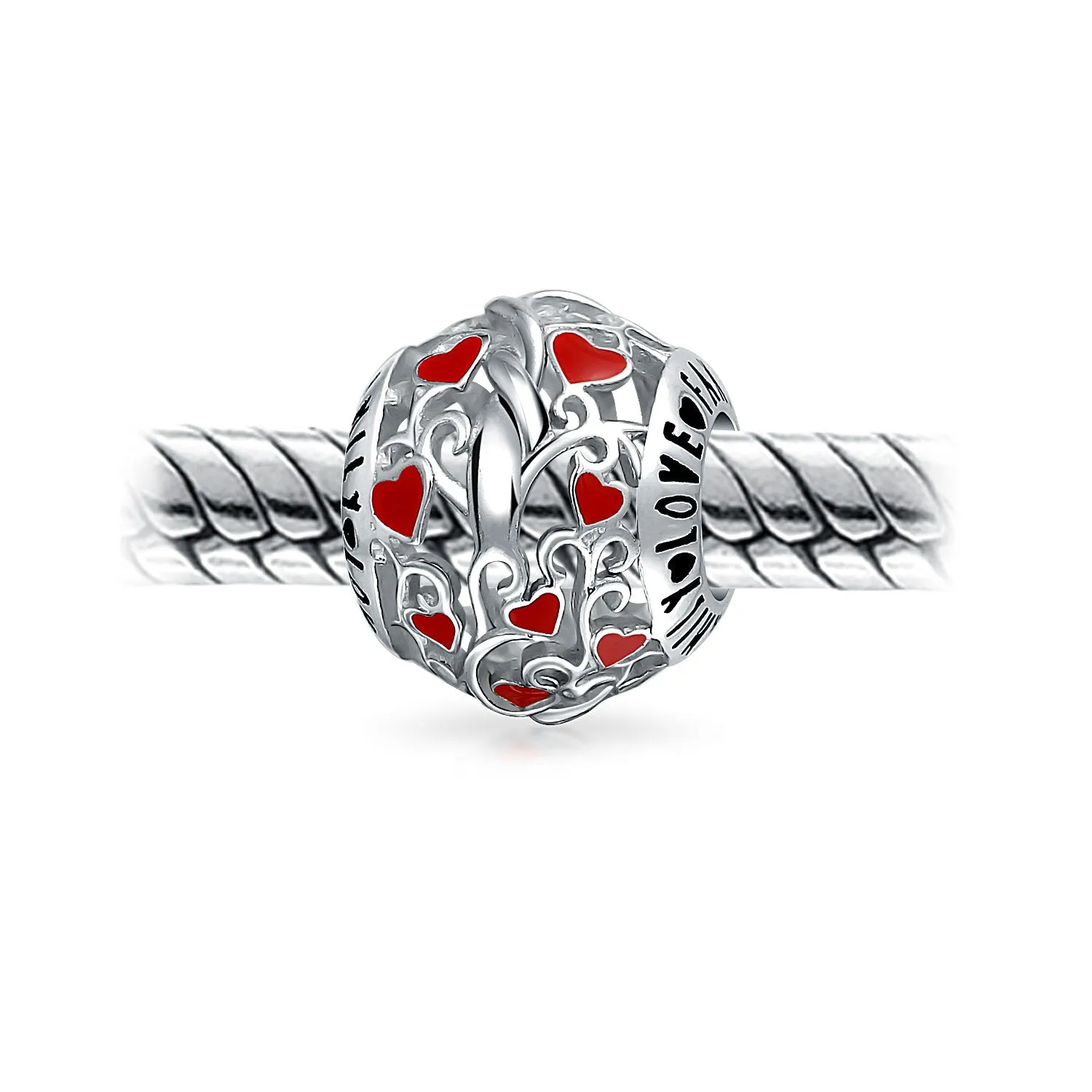 Red Silver 'I Love You' Heart Filigree Charm Bead for European Bracelets