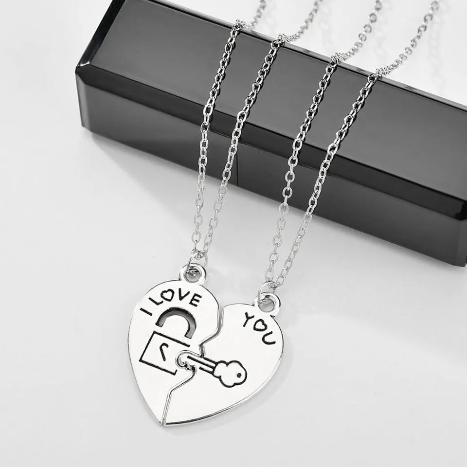 Romantic Couple Heart Clock Key Detachable Pendant Necklaces