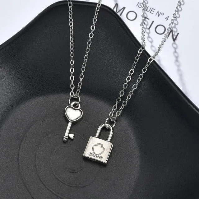 Romantic Couple Heart Clock Key Detachable Pendant Necklaces