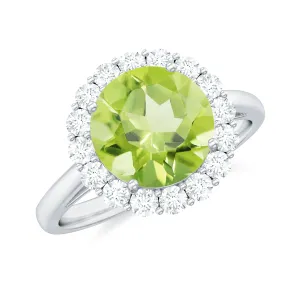 Round Peridot Simple Halo Engagement Ring with Diamond