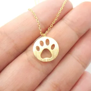 Round Puppy Paw Print Cut Out Shaped Pendant Necklace in Gold | Animal Jewelry