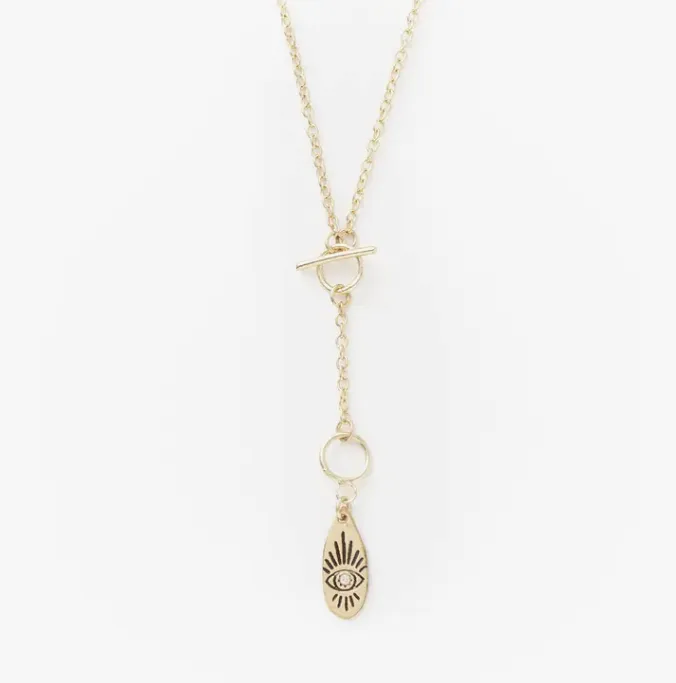 Ruchi Charm Drop Lariat Necklace - Gold Finish, Evil Eye