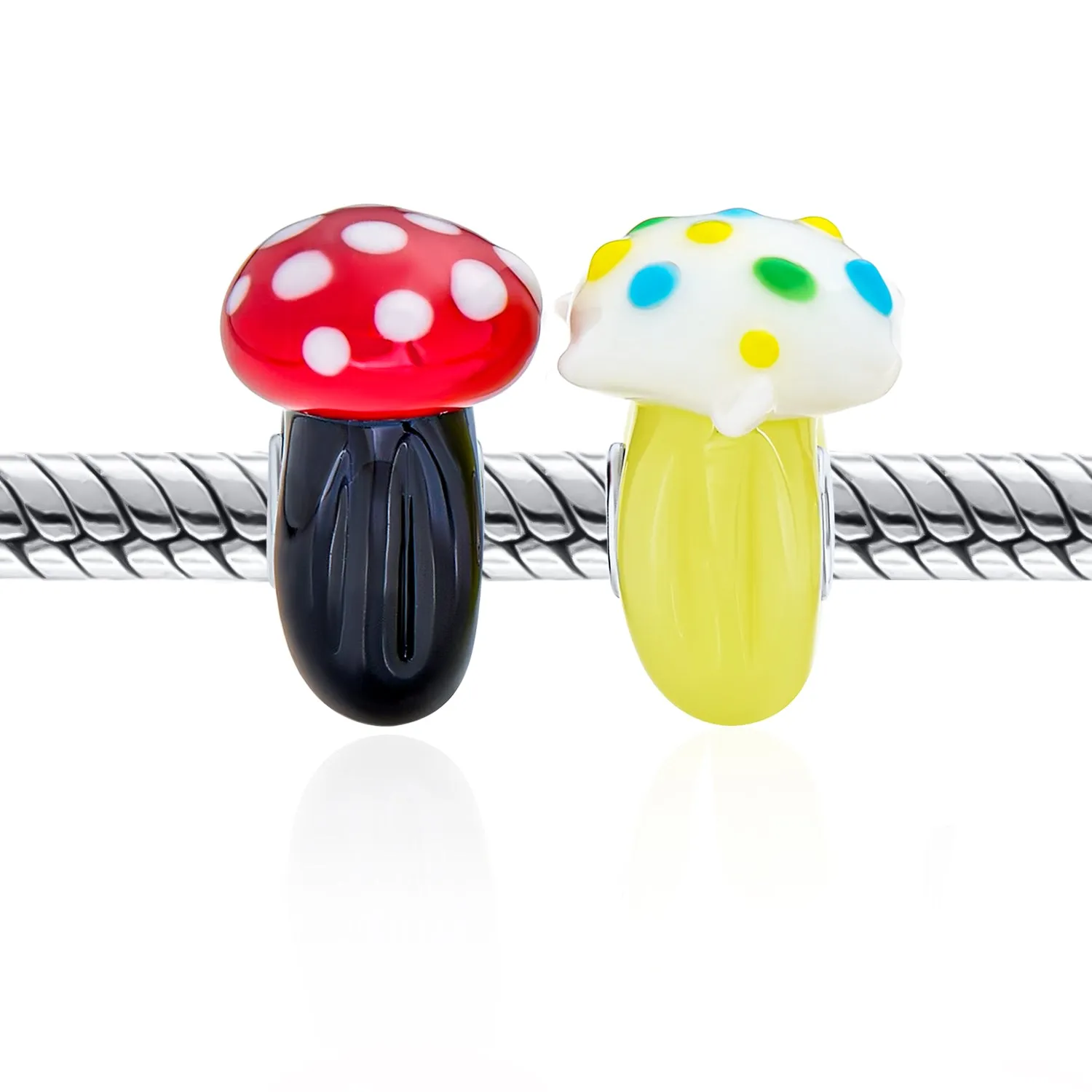 Set of 2 Whimsical Glass Charm Bead with 3D Cartoon Fairy Tale Alice Mushrooms