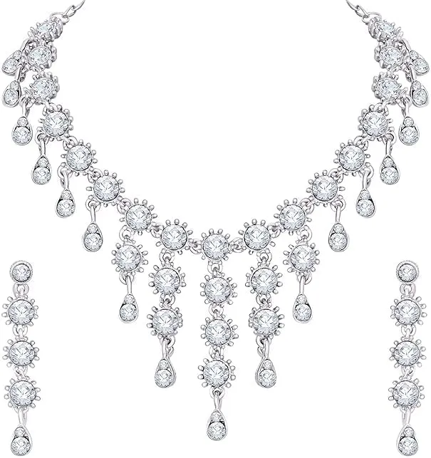 Silver Plated Jewelry Set for Women Elegant Necklace and Drop Earrings Set for Weddings