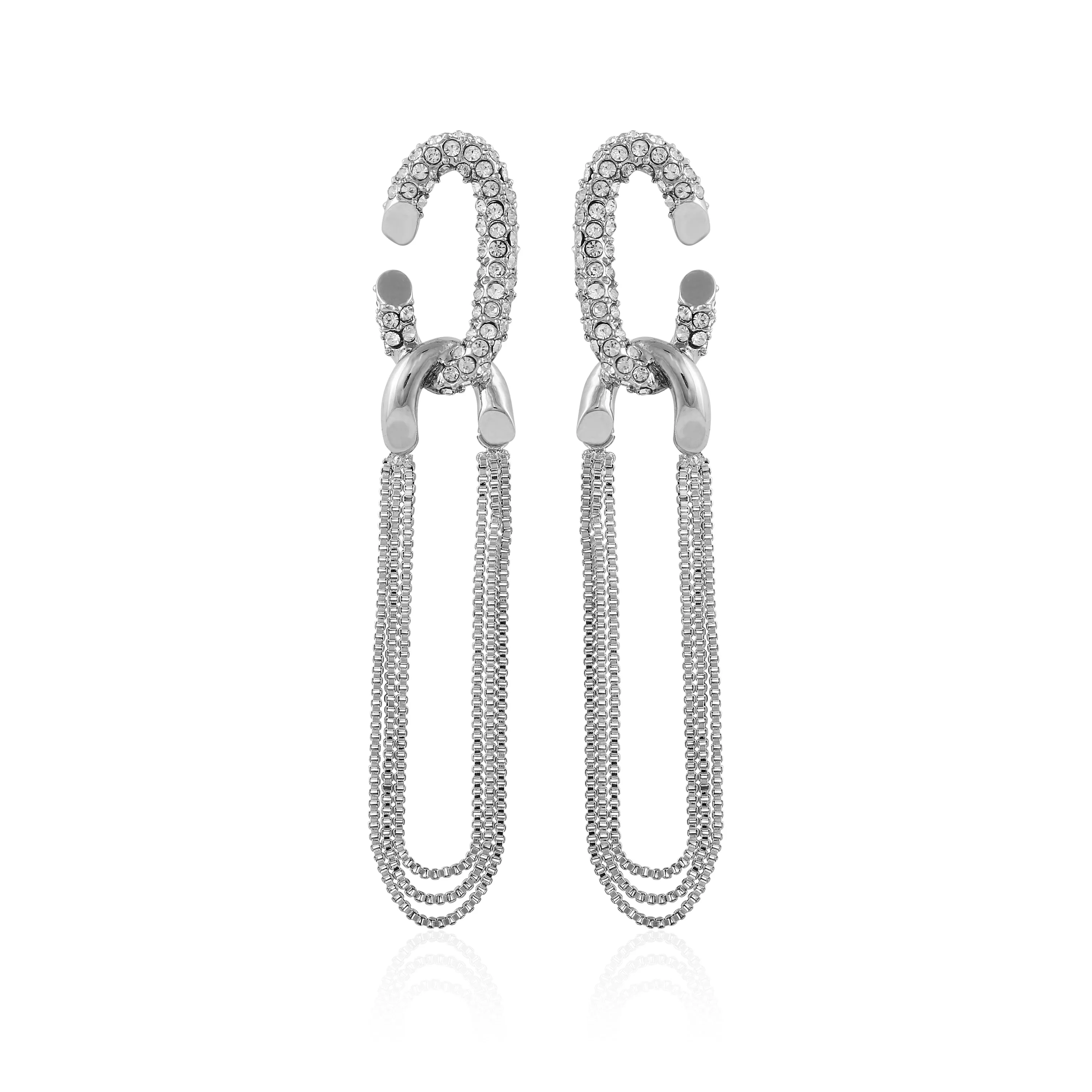 Silvertone Tassel Chain Huggie Hoop Drop Earrings