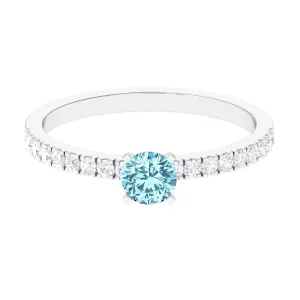 Simple Round Aquamarine Solitaire Ring with Diamond Side Stones