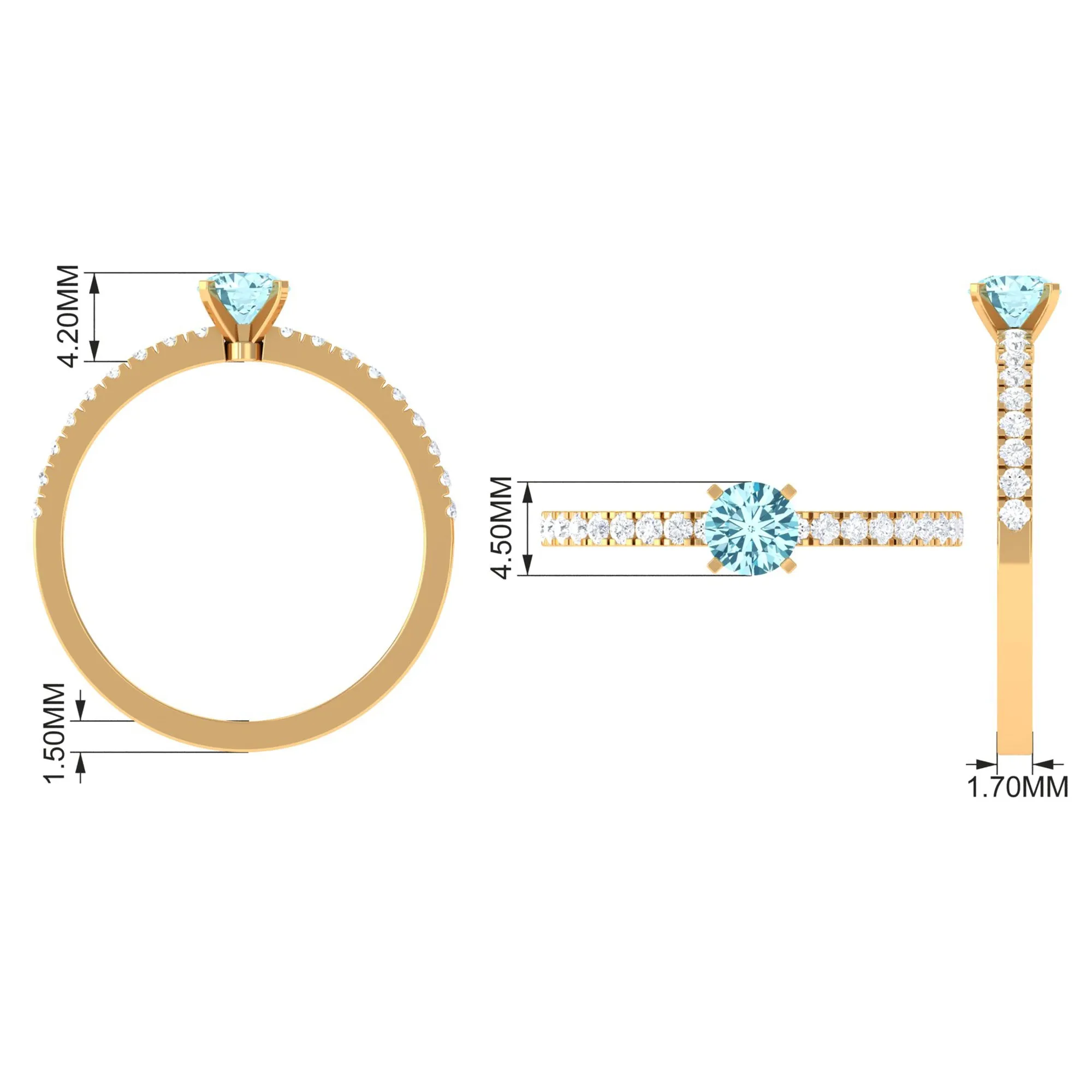 Simple Round Aquamarine Solitaire Ring with Diamond Side Stones