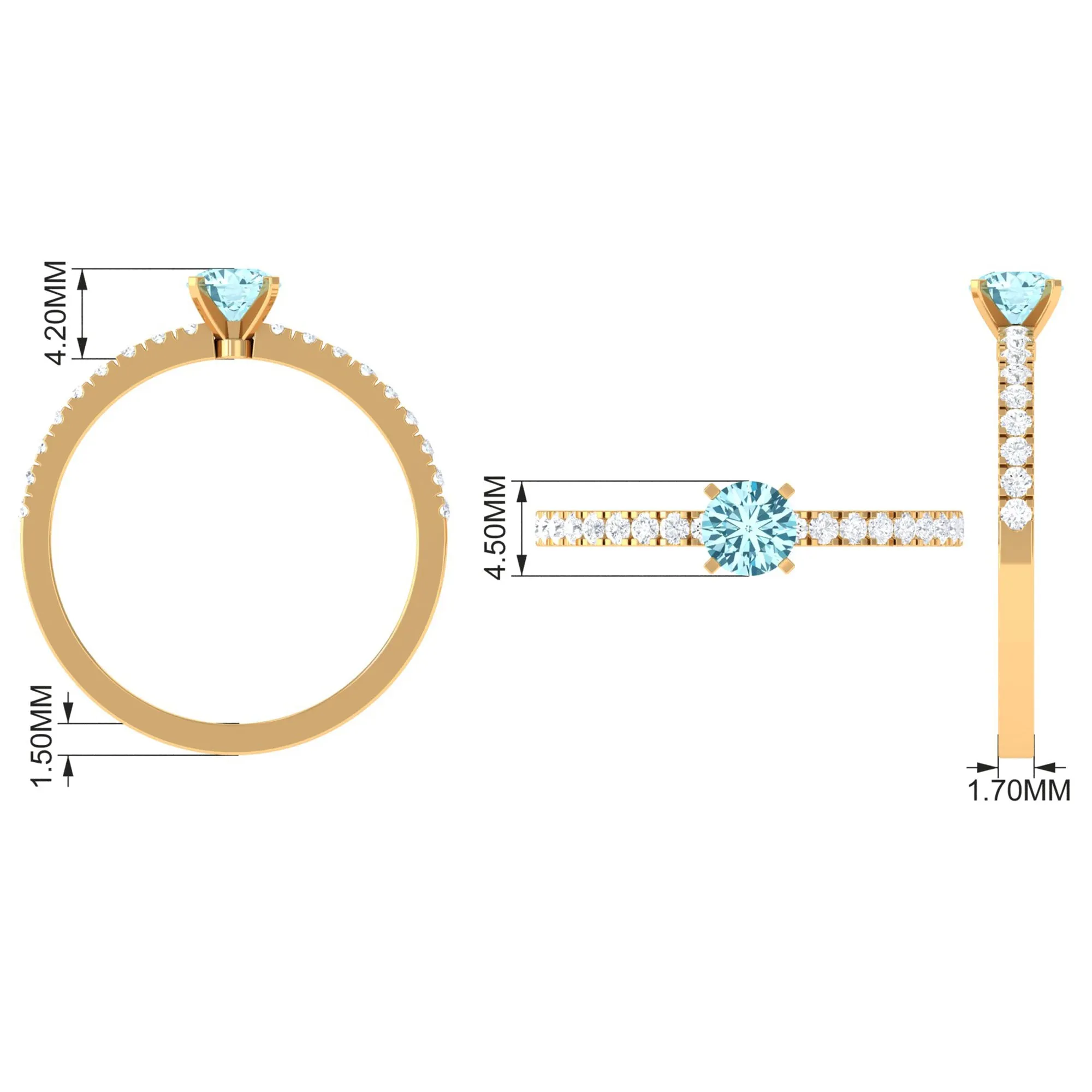 Simple Round Aquamarine Solitaire Ring with Diamond Side Stones