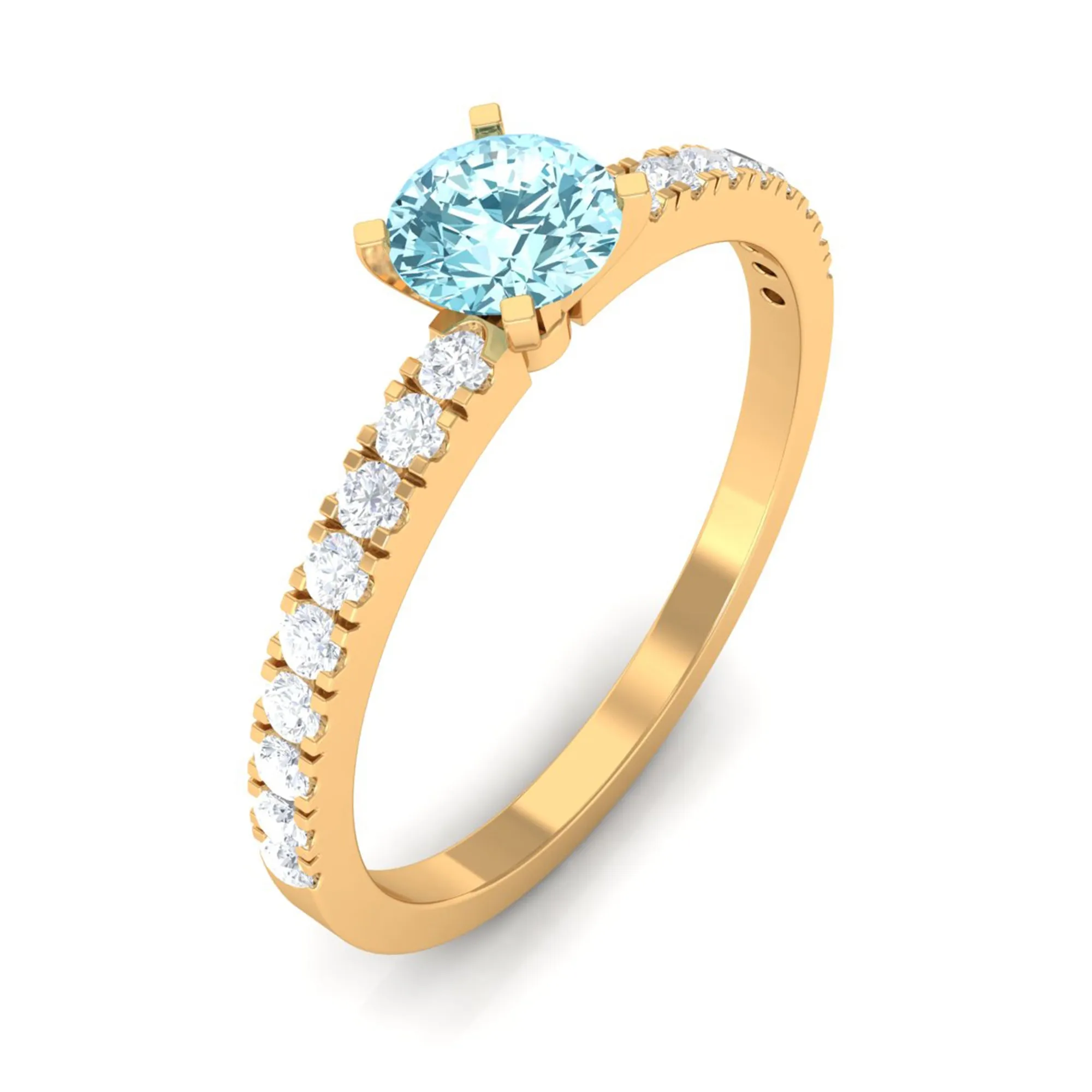 Simple Round Aquamarine Solitaire Ring with Diamond Side Stones