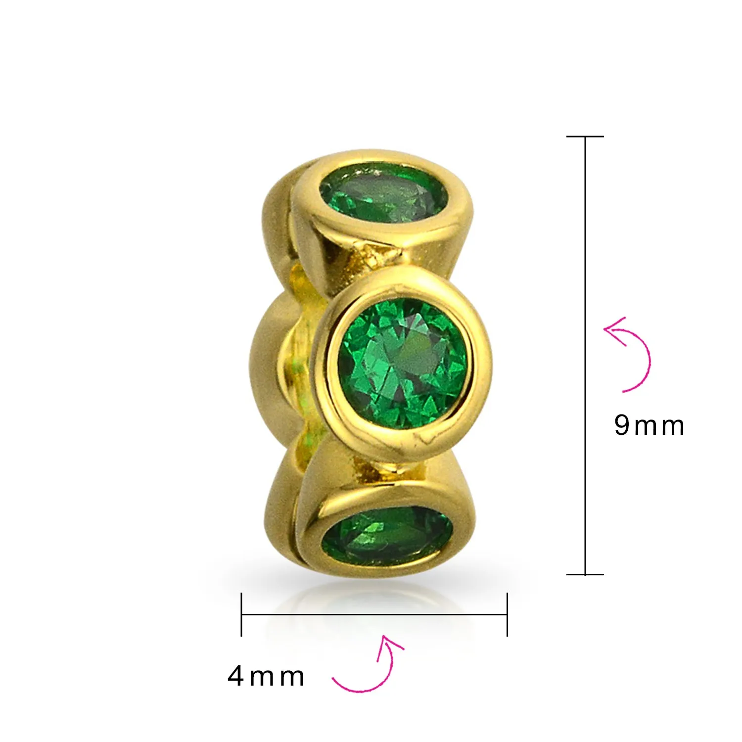 Simulated Emerald or Ruby CZ Charm Bead 14K Gold Plated Sterling Silver Spacer