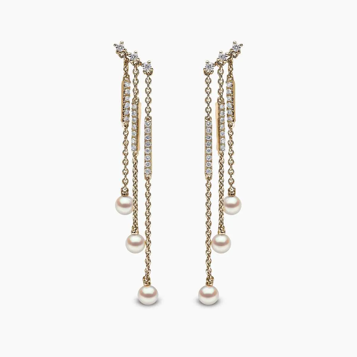 Sleek 18K Gold Pearl and Diamond Triple Chain Drop Earrings