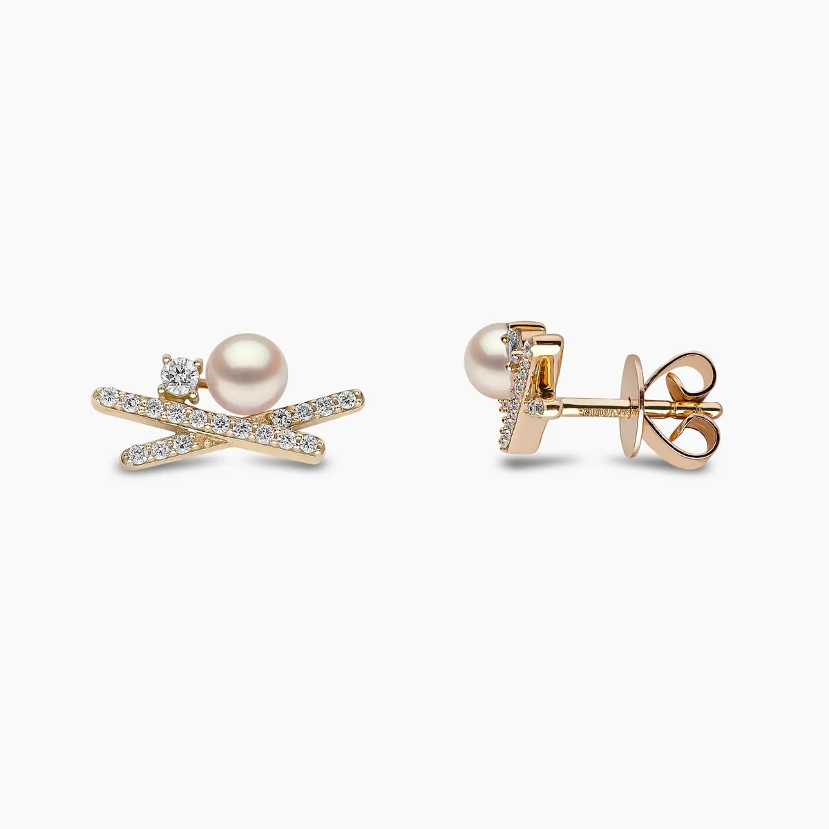 Sleek 18K Gold Pearl and Mini Diamond Cross Stud Earrings