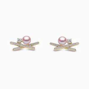 Sleek 18K Gold Pearl and Mini Diamond Cross Stud Earrings