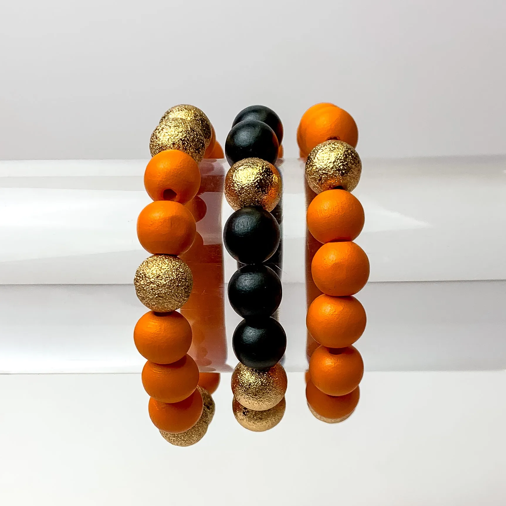 Spooky Set of 3 Stretchy Beaded Bracelets in Orange and Black