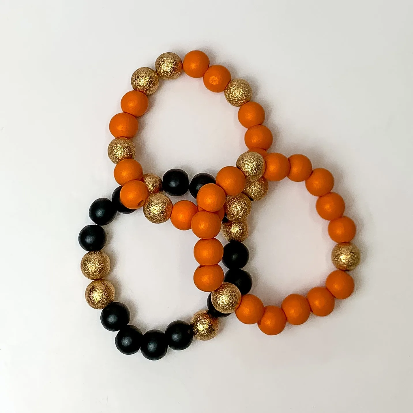 Spooky Set of 3 Stretchy Beaded Bracelets in Orange and Black