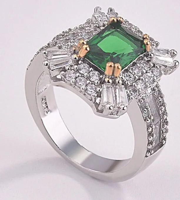 Starburst Emerald Zircon Silver Ring