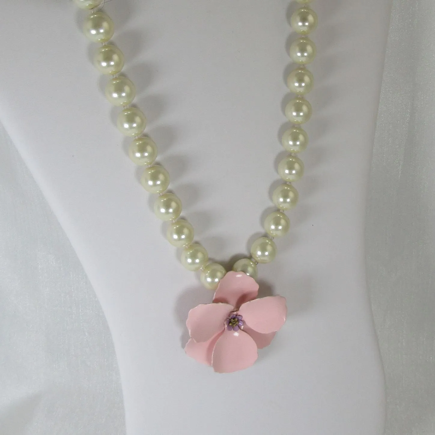 Statement Pearl Necklace  With Pink Poppy Pendant