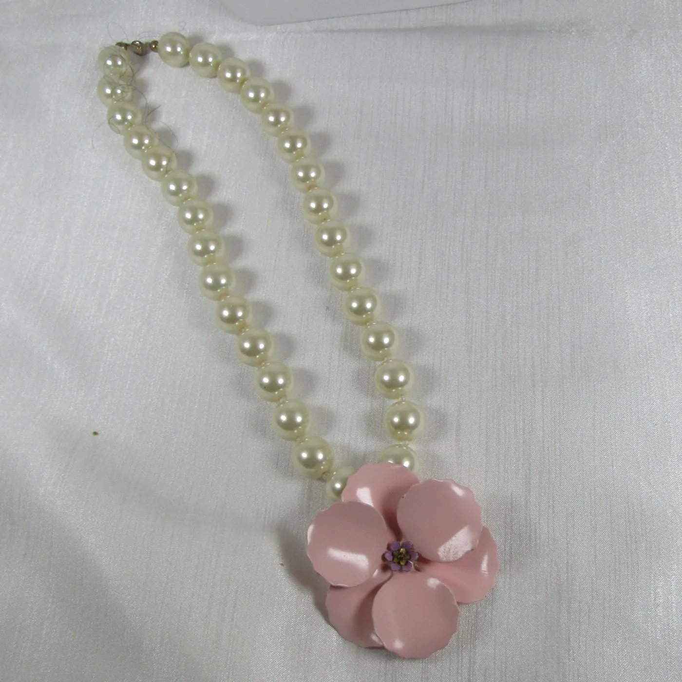 Statement Pearl Necklace  With Pink Poppy Pendant