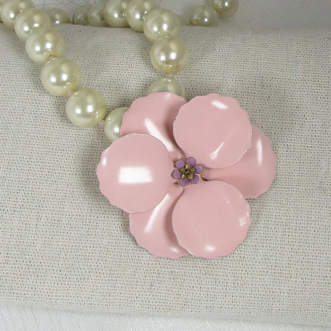 Statement Pearl Necklace  With Pink Poppy Pendant