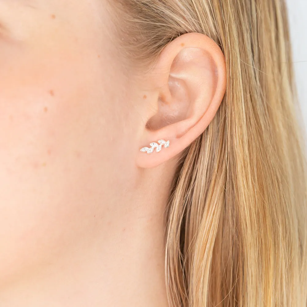 Sterling Silver Cubic Zirconia Leaf Branch Stud Earrings