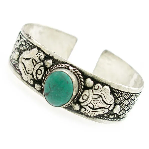 Tibetan Silver Cuff Bracelet with Gemstone Cabochon 0.75" Wide