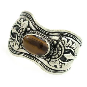 Tibetan Silver Cuff Bracelet with Gemstone Cabochon 1.75" Wide