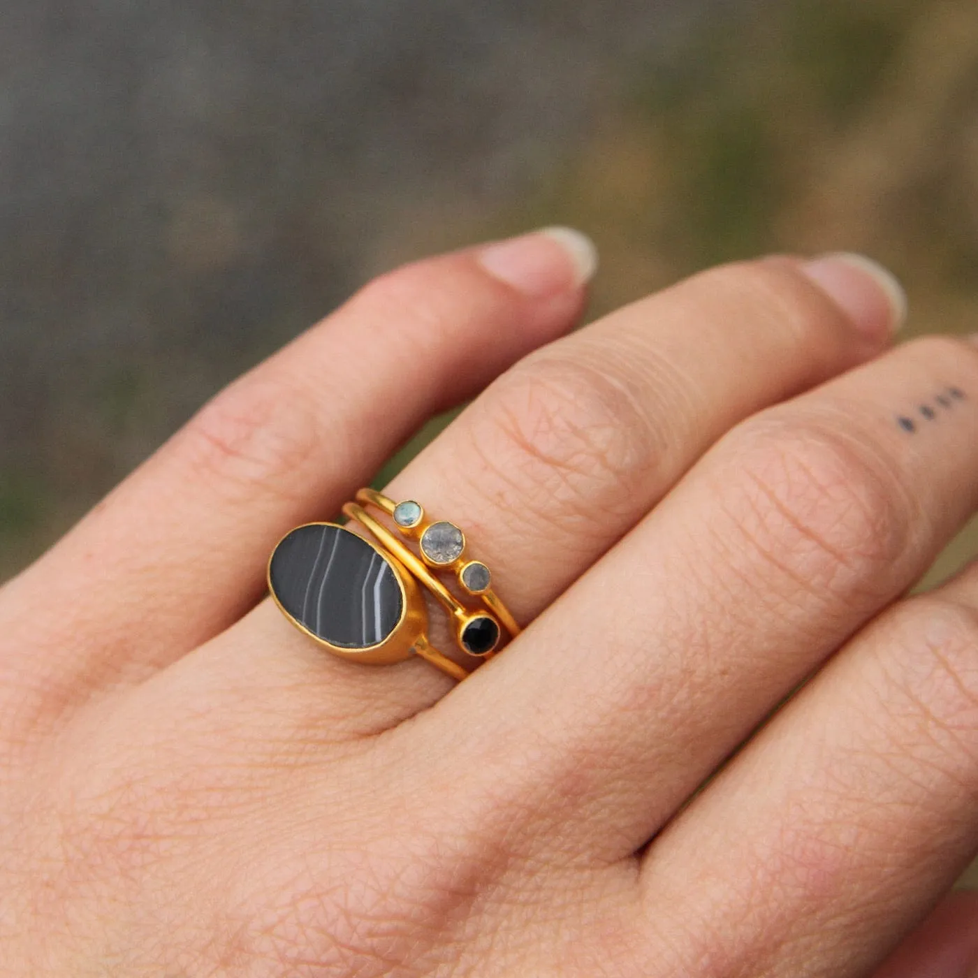 Tiny Graduated Three Labradorite in Gold Plated Brass Ring