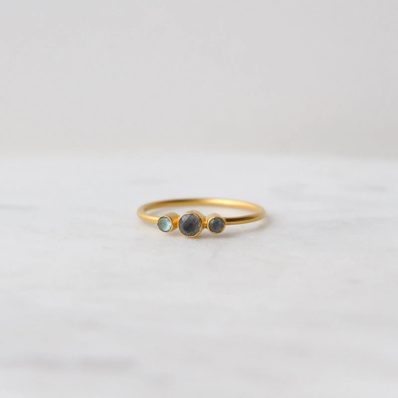 Tiny Graduated Three Labradorite in Gold Plated Brass Ring